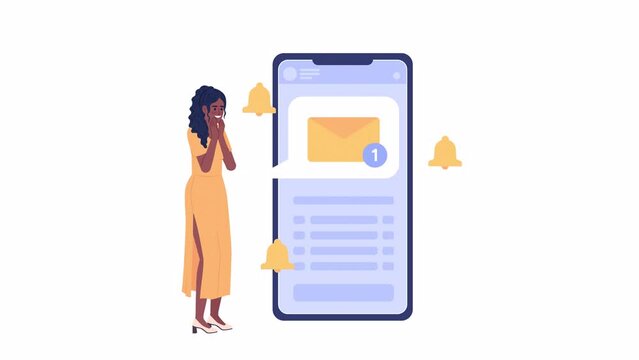 Animated virtual mailbox. Feeling of happiness from getting new text message. 2D cartoon flat character 4K video footage on white with alpha channel transparency. Concept animation for web design