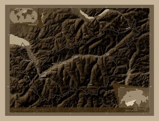 Valais, Switzerland. Sepia. Labelled points of cities