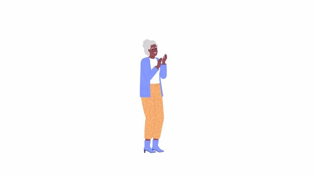 Animated excited granny. Thrilled elderly woman touching face with hands. Flat character animation on white background with alpha channel transparency. Color cartoon style 4K video footage