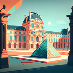 view of Musee du Louvre, cartoon style, flat design, generative ai - obrazy, fototapety, plakaty