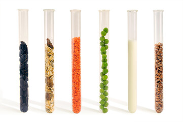 




Food-cereals, legumes and milk in a test tubes
