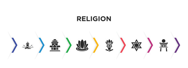 religion filled icons with infographic template. glyph icons such as shiva, wat phrakaew, zen, spiritual, star of david, shinto vector.