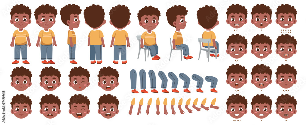 Poster character for animation. set of elements for character constructor. african american boy with differ