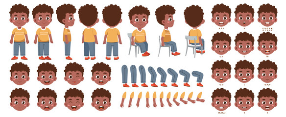 Character for animation. Set of elements for character constructor. African american boy with different emotions, postures and gestures. Cartoon flat vector collection isolated on white background - obrazy, fototapety, plakaty