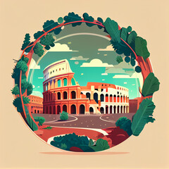 view of Rome The Colosseum, cartoon style, flat design, generative ai