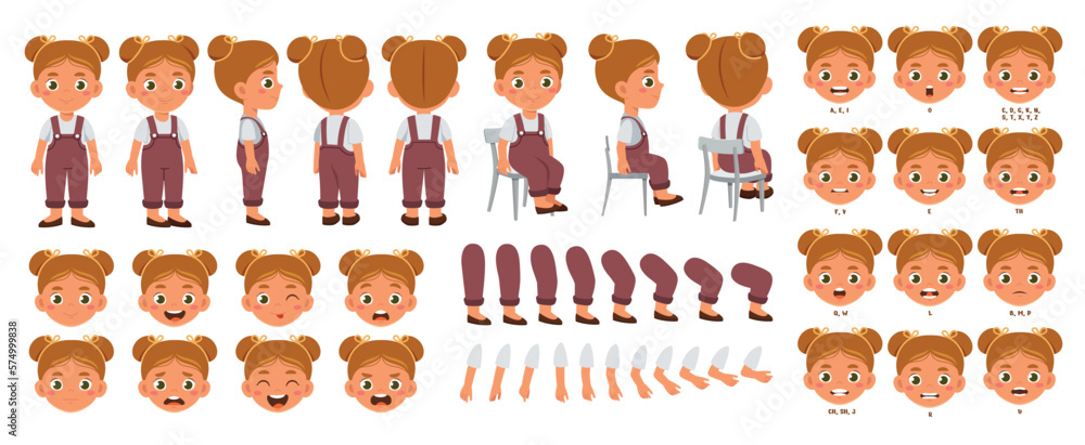 Poster character for animation. little smiling preschool girl with different emotions and gestures. various