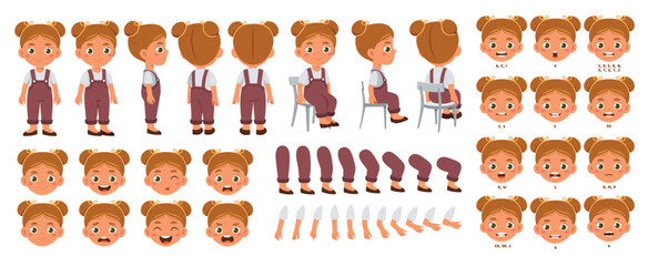 Character for animation. Little smiling preschool girl with different emotions and gestures. Various elements for character constructor. Cartoon flat vector collection isolated on white background