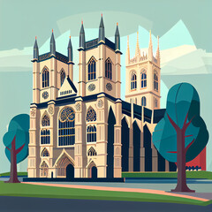 view of Westminster Abbey, cartoon style, flat design, generative ai