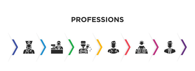 professions filled icons with infographic template. glyph icons such as physician assistant, clerk, painter, doctor, dj, businessman vector.