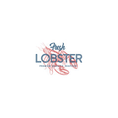 Red Lobster Seafood. Retro Print Effect Card. Abstract Vector Sign, Symbol or Logo Template. Hand Drawn Lobster or Crayfish Sillhouette with Typography. Vintage Emblem or Stamp. Isolated.