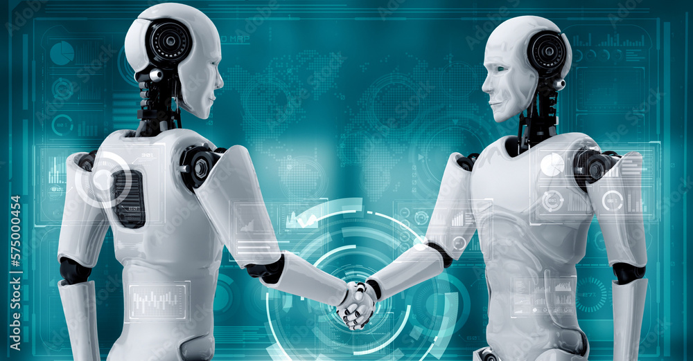 Poster 3d rendering hominoid robot handshake to collaborate future technology development by ai thinking br