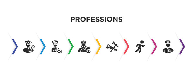 professions filled icons with infographic template. glyph icons such as pensioner, postman, pediatrician, carpenter, athlete, orthodontist vector.