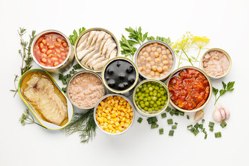 Assortment of processed food in tins, canned vegetables and fish.