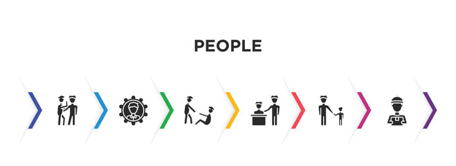 people filled icons with infographic template. glyph icons such as gossip, preferences, man lifting an old man, boss and worker, father and son, curier vector.