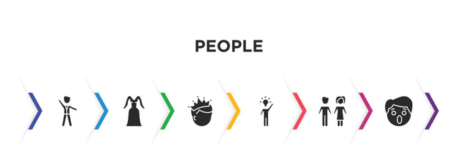 people filled icons with infographic template. glyph icons such as bestman, women dress, man with crown, man with an idea, woman and man partners, surprised smile vector.