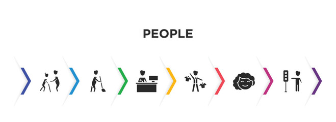 Fototapeta na wymiar people filled icons with infographic template. glyph icons such as help the elderly, sweeper working, assembler, salesman working, girl smile, traffic hand vector.