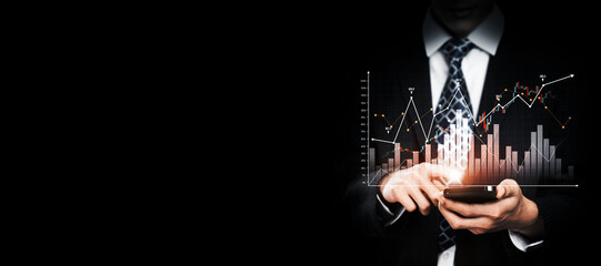 Businessman analyst working with digital finance business data graph showing technology of...