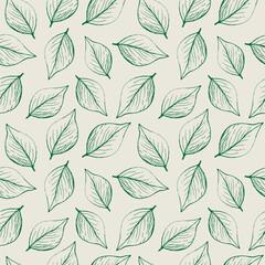 Cute seamless repeating pattern with leaves on a light background, floral motif. Hand drawn plants in a pattern for design, textile, wrapping paper and packaging desig