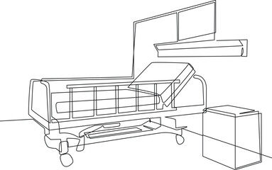 Single one line drawing Hospital room interior with bed and clinic equipment. An empty hospital room concept. Continuous line draw design graphic vector illustration.