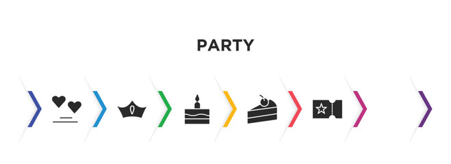 party filled icons with infographic template. glyph icons such as big heart, boy partying, king crown, birthday cake, slice of cake, admission vector.
