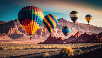 Colorful hot-air balloons flying over mountains landscape. 4k wallpaper