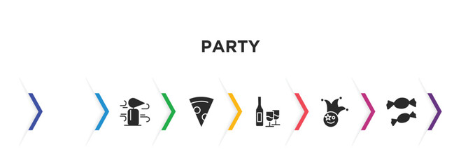 party filled icons with infographic template. glyph icons such as woman mask, blowing candle, pizza slice, bottle and two glasses, clown head with hat, two candies vector.