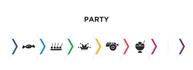 party filled icons with infographic template. glyph icons such as candy paper, skewer, clown head, wistle, big ice cream bowl, suit and tie vector.