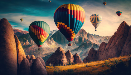Colorful hot-air balloons flying over mountains landscape. 4k wallpaper