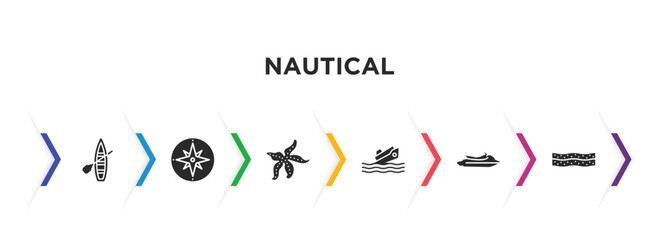 nautical filled icons with infographic template. glyph icons such as skiff, azimuth compass, starfish with dots, capsizing, watercraft, salt water vector.
