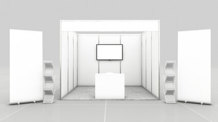 Blank Plane Octonorm Stall with Brochure Stand standee and Registration Table for Exhibition or Event. 3D octonorm booth design for mockup 3 panels each side.