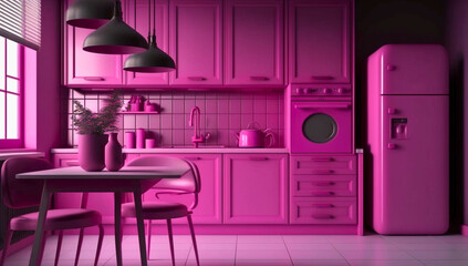 Pink kitchen interior with pink furniture, Created with generative Ai Technology