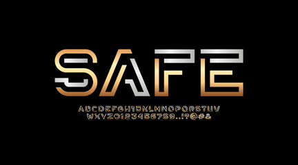 Digital style alphabet, font from golden silver line, letters and numbers made in tech style, vector illustration 10EPS