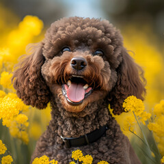 Small poodle brown dog smiling with yellow flowers around