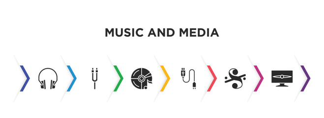 music and media filled icons with infographic template. glyph icons such as music player headphones, tuning fork, cd, charging plug, segno, television screen off vector.