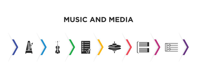 music and media filled icons with infographic template. glyph icons such as metronome, cello, playlist, cymbal, bracket, repeat vector.