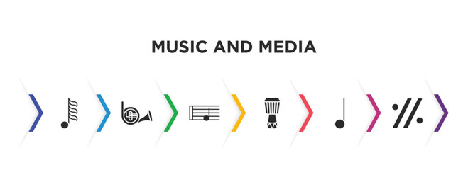 music and media filled icons with infographic template. glyph icons such as thirty second note, french horn, half note, djembe, quarter note, simile vector.