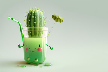 Cute cactus drink  with rosy cheeks 3d character. Cartoon green vegetable smoothie with big eyes. 3d render illustration. Generative AI art.  Copy space for text.