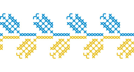 Ukrainian vector seamless fashion pattern, ornament, border. Traditional folk, ethnic pattern. Decoration in yellow and blue Ukrainian flag colors. Pixel art, vyshyvanka, cross stitch