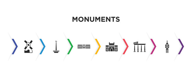 monuments filled icons with infographic template. glyph icons such as kinderdijk windmills, national monument monas, palace of versailles, gat of india, temple of apollo, the clock tower vector.