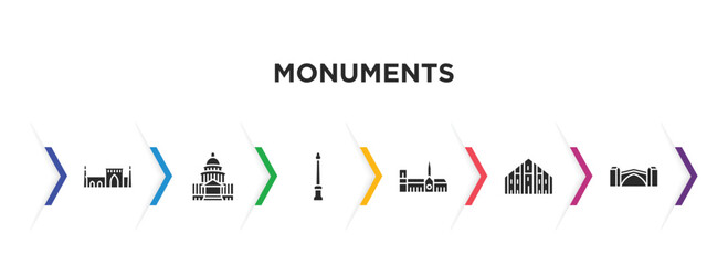 monuments filled icons with infographic template. glyph icons such as id kah mosque, united states capitol, monument site, notre dame cathedral, milan cathedral, stari most vector.