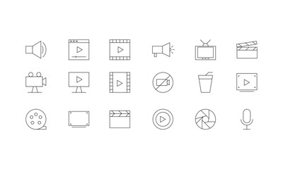 Cinema icons Line set. Cinema symbols set. Movie line icons. Film, Video icon vector