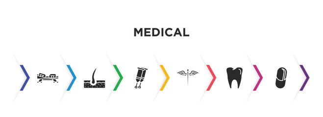medical filled icons with infographic template. glyph icons such as hospital bed side view, dermis, crutches couple, caduceus, molar tooth, medical pill vector.