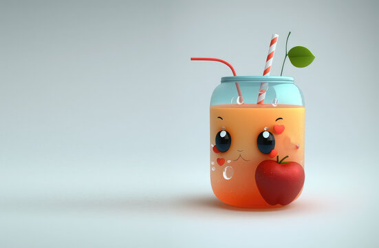 Cute orange drink 3d character. Cartoon apple shake with big eyes. 3d render illustration. Generative AI art. 
