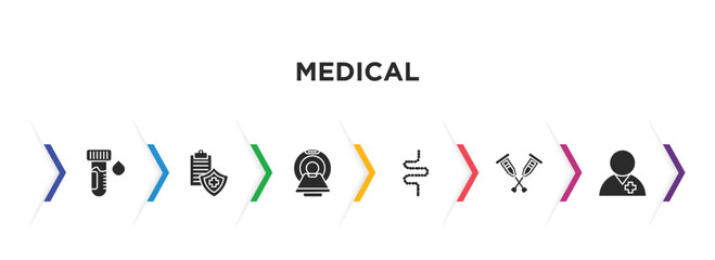 medical filled icons with infographic template. glyph icons such as blood sample, medical insurance, scan, intestines, crutches, patient vector.