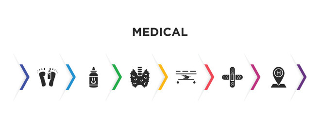 medical filled icons with infographic template. glyph icons such as dead, l, thyroid gland, table of treatments, plastering, hospital placeholder vector.