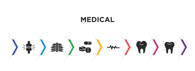 medical filled icons with infographic template. glyph icons such as femur, x ray, pill, lifeline, tooth, teeth vector.