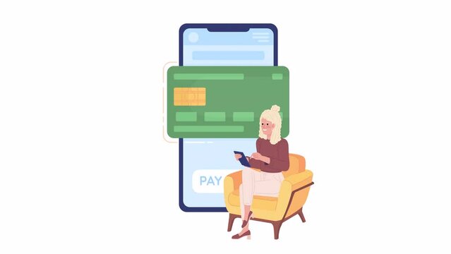 Animated mobile home banking. Woman checking online account with money. 2D cartoon flat character 4K video footage on white with alpha channel transparency. Concept animation for web design