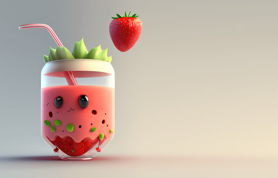 Cute strawberry drink 3d character. Cartoon watermelon red fruit smoothie with big eyes. 3d render illustration. Generative AI art. 