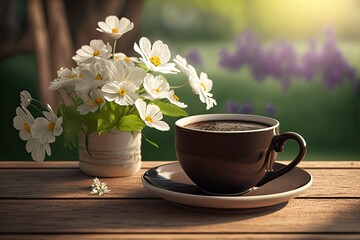 Obraz na płótnie Canvas Beautiful Cup of Coffee on a Wooden Table with Spring Flowers (Generative AI)