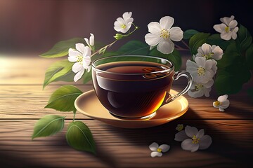 Beautiful Cup of Tea on a Wooden Table with Spring Flowers (Generative AI) - obrazy, fototapety, plakaty